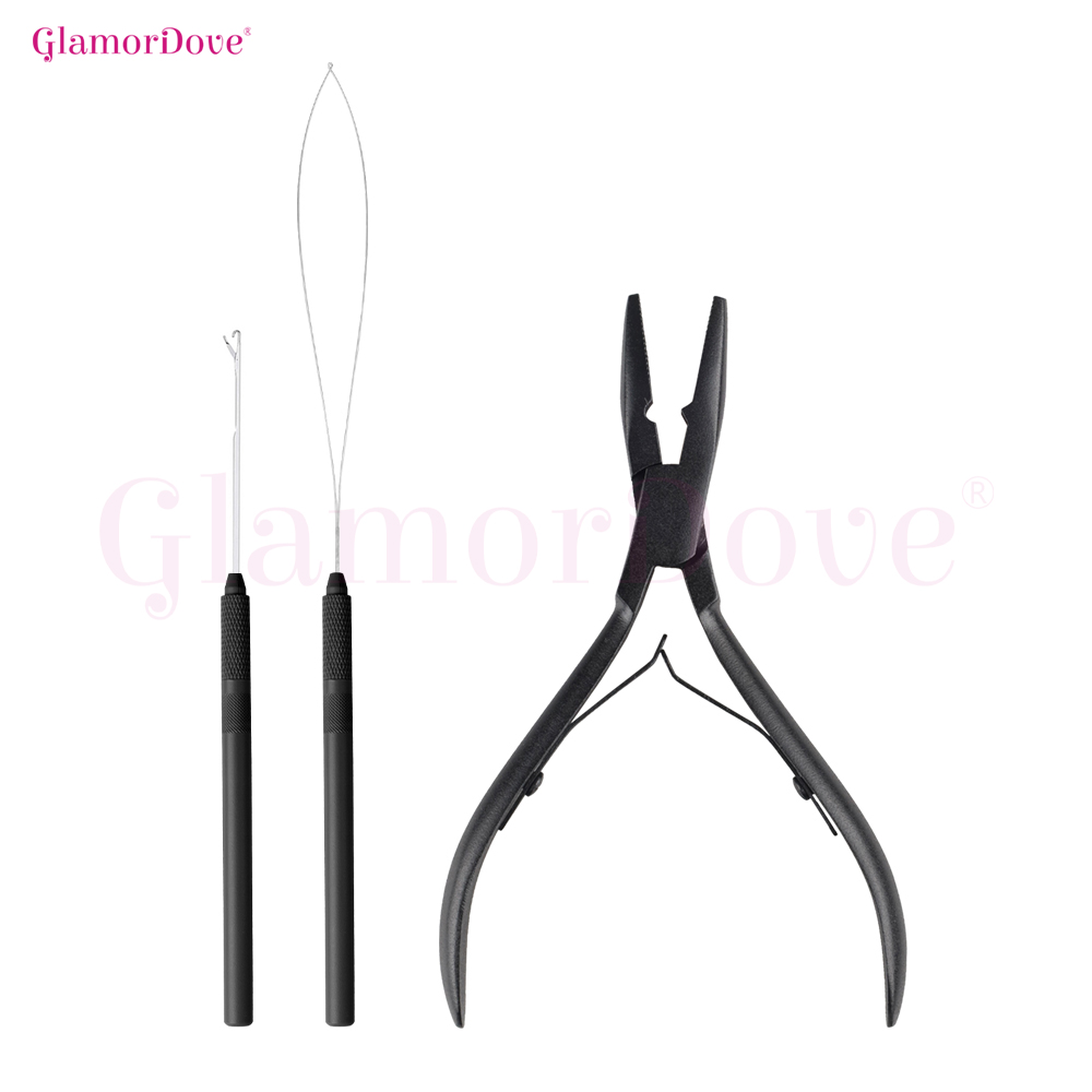 Needle Threader Tool - GlamorDove マイクロリングヘアエクステンションツールキット、マイクロビーズエクステンションを取り付けるためのフックニードルとループスレッダー付きプライヤー