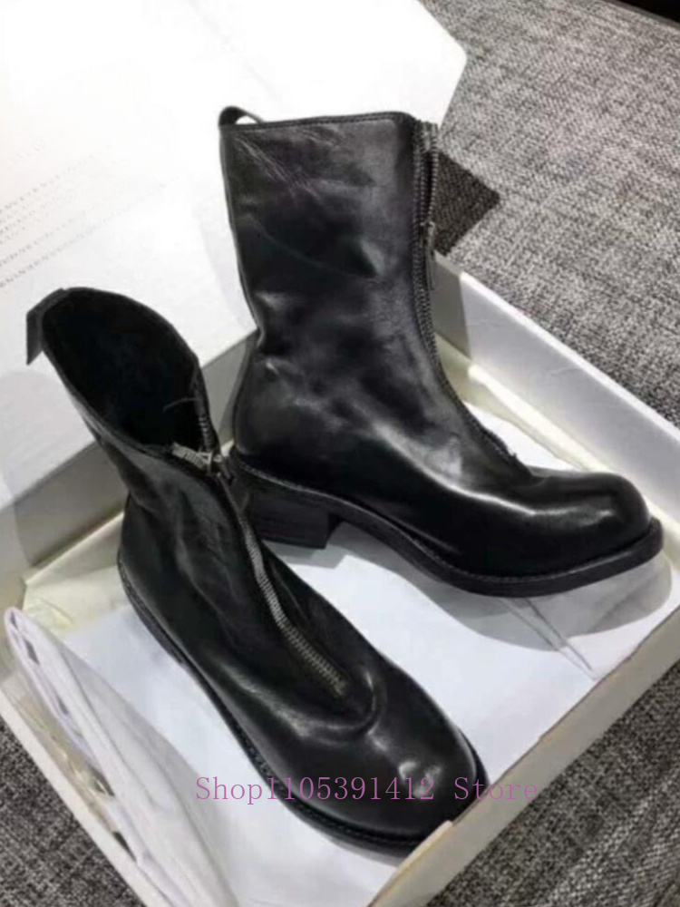 Sewing Front Zipper - 高級メンズシューズ本革フロントジッパーミッドカーフナイトブーツストリートファッションチェルシーブーツアウトドアオートバイブーツ男性
