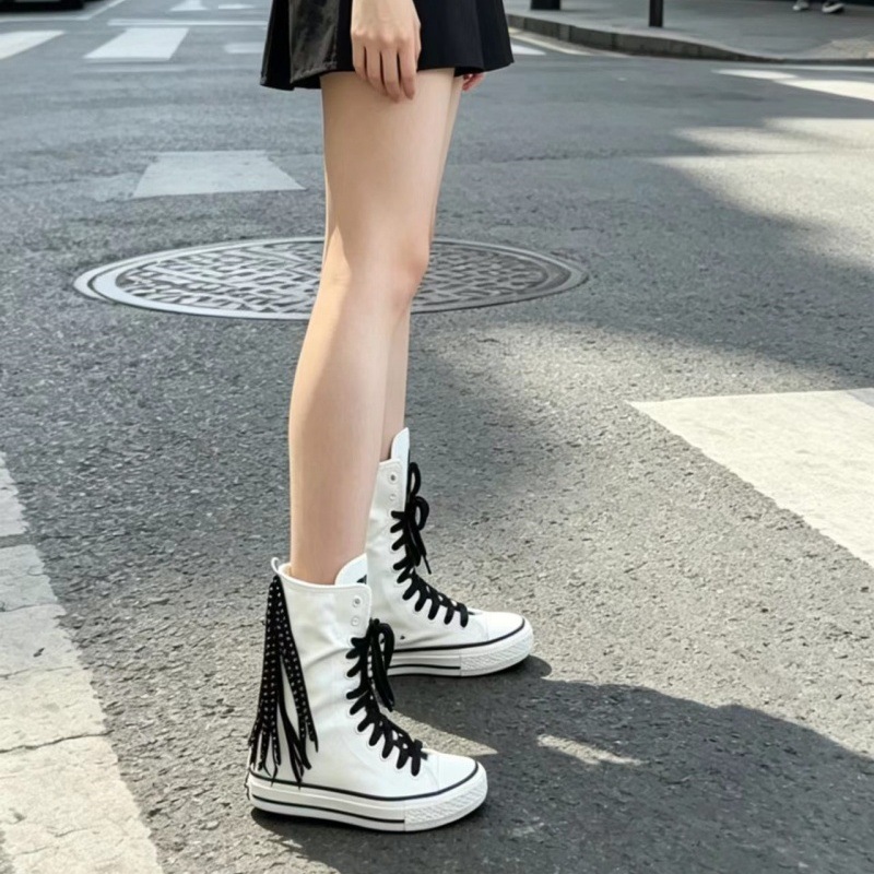 キャンバスシューズ女性新しいミディアムチューブキャンバス女性 - Sewing Front Zipper のレビューと価格